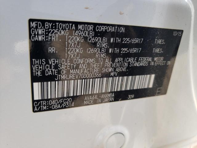 JTMRJREV7GD000366 - 2016 TOYOTA RAV4 HV XLE WHITE photo 12