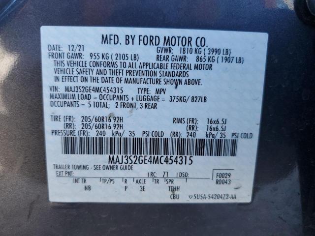 MAJ3S2GE4MC454315 - 2021 FORD ECOSPORT SE GRAY photo 13