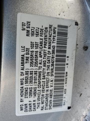 5FNRL38427B138643 - 2007 HONDA ODYSSEY EX SILVER photo 12