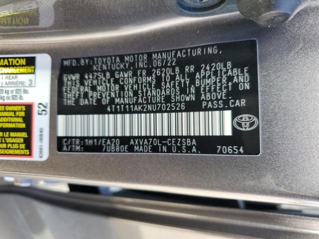 4T1T11AK2NU702526 - 2022 TOYOTA CAMRY SE GRAY photo 13