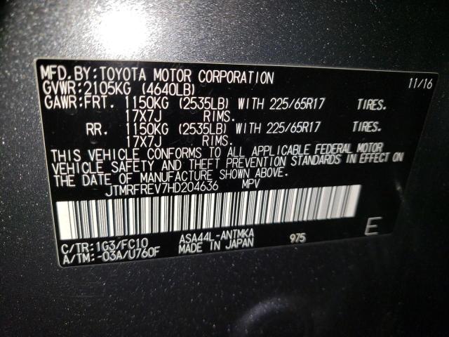 JTMRFREV7HD204636 - 2017 TOYOTA RAV4 XLE GRAY photo 12