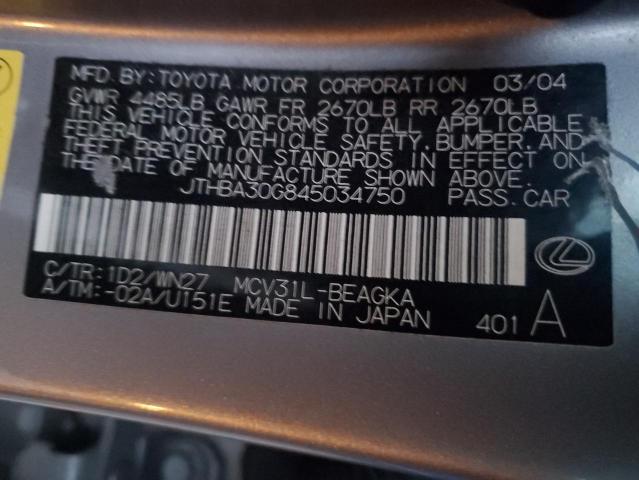 JTHBA30G845034750 - 2004 LEXUS ES 330 GRAY photo 12