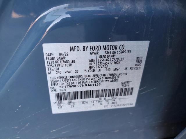 3FTTW8F97NRA61126 - 2022 FORD MAVERICK XL BLUE photo 12