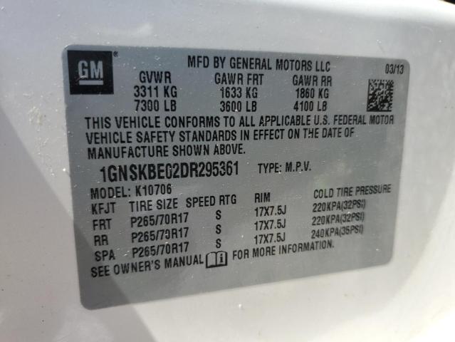 1GNSKBE02DR295361 - 2013 CHEVROLET TAHOE K1500 LT WHITE photo 12