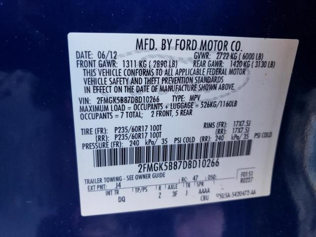 2FMGK5B87DBD10266 - 2013 FORD FLEX SE BLUE photo 12