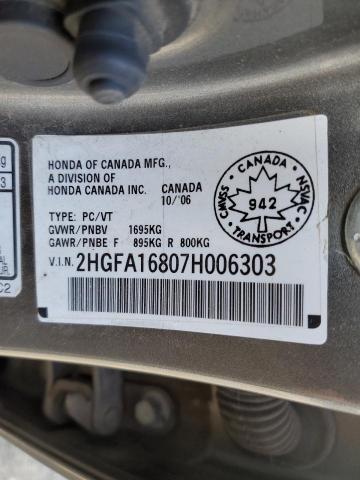 2HGFA16807H006303 - 2007 HONDA CIVIC EX GRAY photo 12