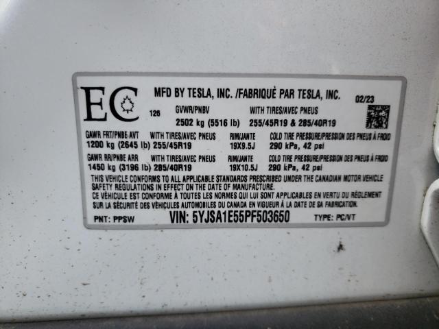 5YJSA1E55PF503650 - 2023 TESLA MODEL S თეთრი ფოტო 13