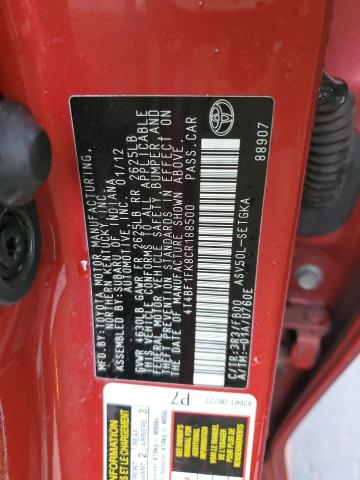 4T4BF1FK8CR188500 - 2012 TOYOTA CAMRY BASE RED photo 13