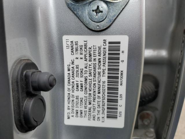 2HGFB2F92CH327216 - 2012 HONDA CIVIC EXL ვერცხლისფერი ფოტო 12