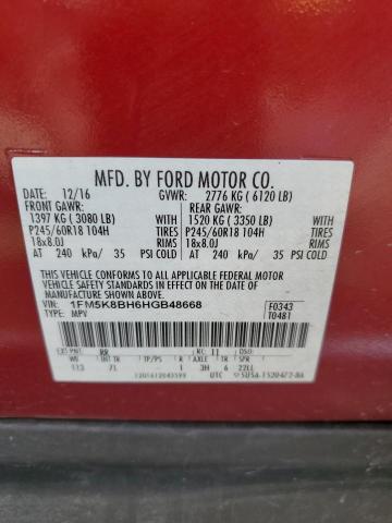 1FM5K8BH6HGB48668 - 2017 FORD EXPLORER RED photo 13