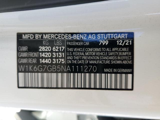 W1K6G7GB5NA111270 - 2022 MERCEDES-BENZ S 580 4MATIC WHITE photo 12