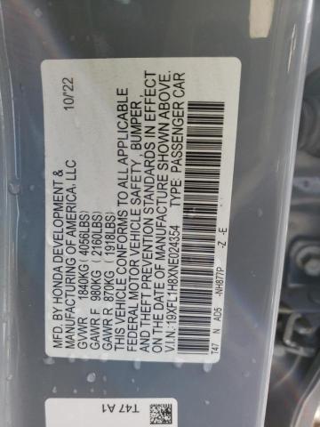 19XFL1H8XNE024354 - 2022 HONDA CIVIC SPORT TOURING GRAY photo 12