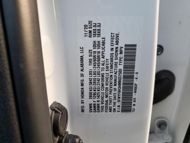 5FNYF6H34MB037580 - 2021 HONDA PILOT EX WHITE photo 12