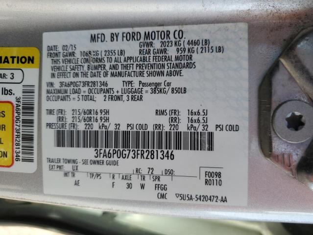 3FA6P0G73FR281346 - 2015 FORD FUSION S SILVER photo 12