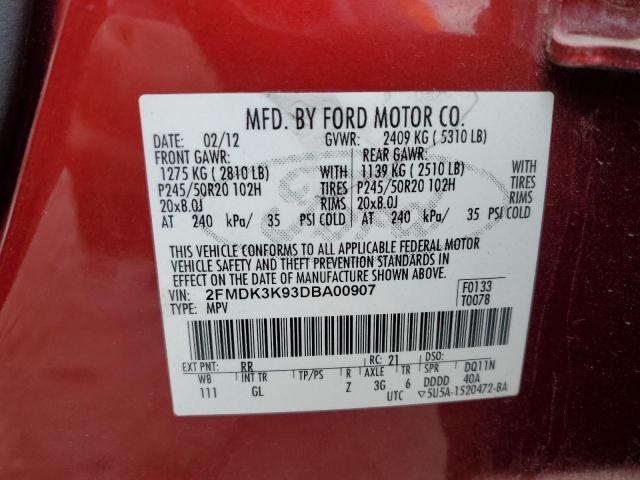 2FMDK3K93DBA00907 - 2013 FORD EDGE LIMITED RED photo 12