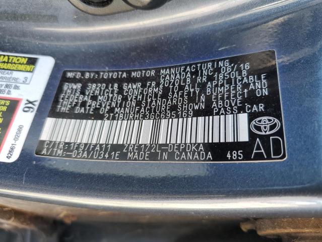 2T1BURHE3GC695169 - 2016 TOYOTA COROLLA L GRAY photo 13