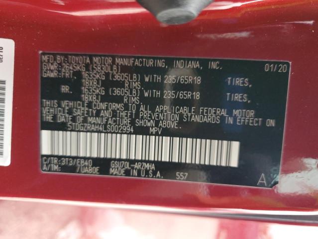 5TDGZRAH4LS002994 - 2020 TOYOTA HIGHLANDER XLE RED photo 14