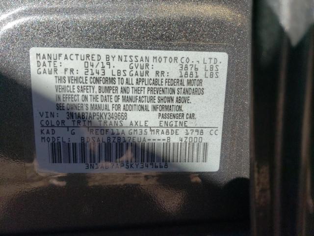 3N1AB7AP5KY349668 - 2019 NISSAN SENTRA S GRAY photo 12