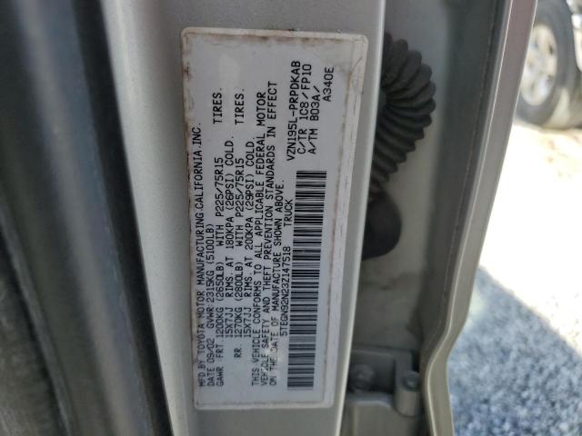 5TEGN92N23Z147518 - 2003 TOYOTA TACOMA DOUBLE CAB PRERUNNER SILVER photo 12