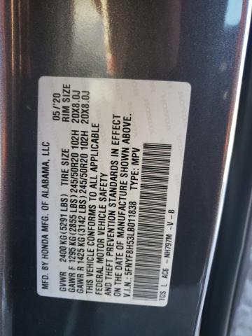 5FNYF8H53LB011838 - 2020 HONDA PASSPORT EXL ნაცრისფერი ფოტო 12