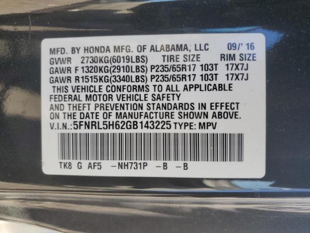 5FNRL5H62GB143225 - 2016 HONDA ODYSSEY EXL BLACK photo 13