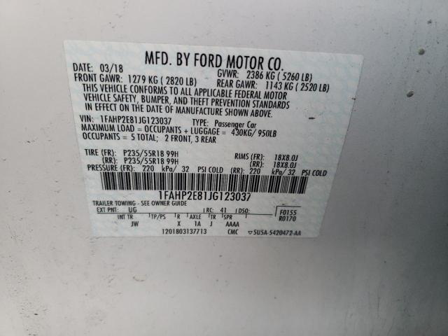 1FAHP2E81JG123037 - 2018 FORD TAURUS SEL WHITE photo 12