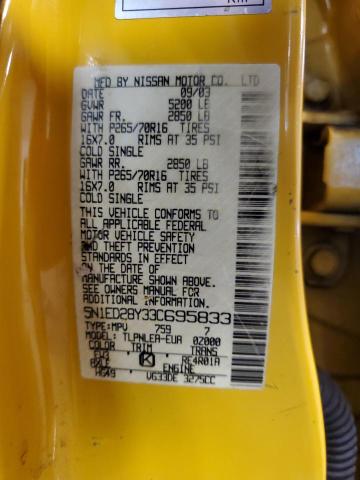 5N1ED28Y33C695833 - 2003 NISSAN XTERRA XE YELLOW photo 12