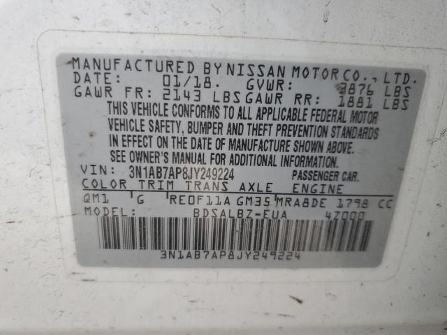 3N1AB7AP8JY249224 - 2018 NISSAN SENTRA S WHITE photo 12