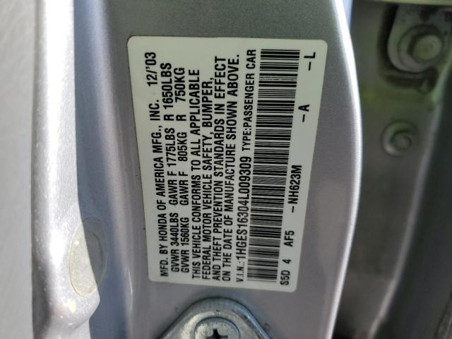 1HGES16304L009309 - 2004 HONDA CIVIC DX VP SILVER photo 12