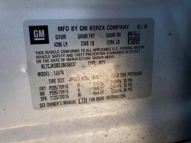 KL7CJKSB2JB636037 - 2018 CHEVROLET TRAX LS SILVER photo 13