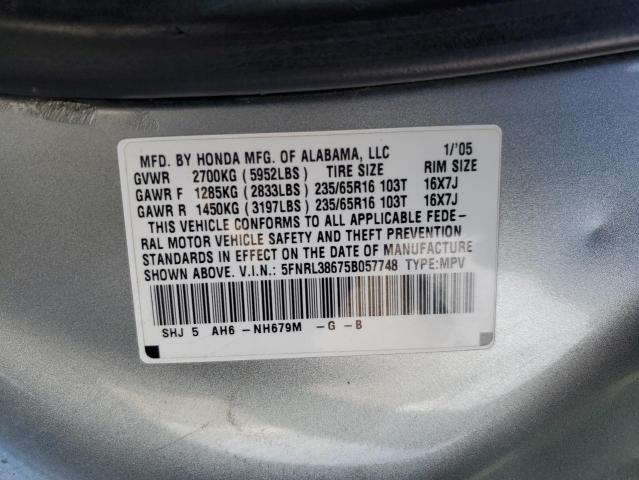 5FNRL38675B057748 - 2005 HONDA ODYSSEY EXL GRAY photo 13