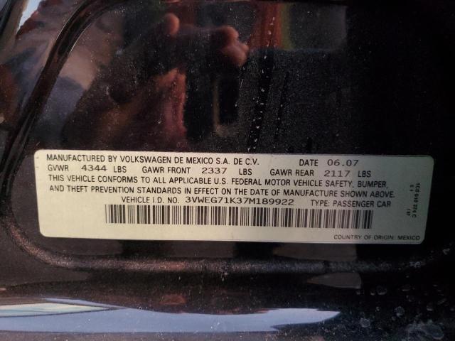 3VWEG71K37M189922 - 2007 VOLKSWAGEN JETTA WOLFSBURG 黑色 照片 12