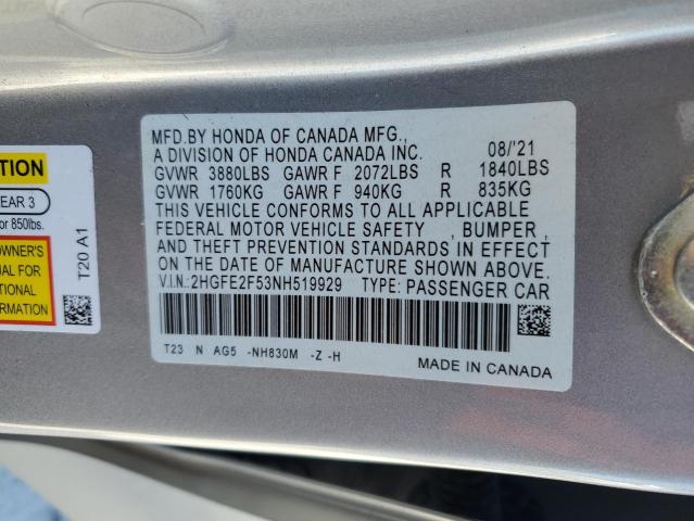 2HGFE2F53NH519929 - 2022 HONDA CIVIC SPORT ვერცხლისფერი ფოტო 12