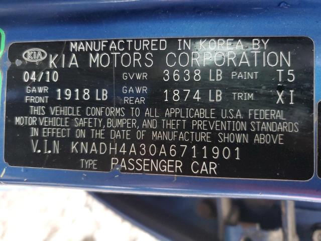 KNADH4A30A6711901 - 2010 KIA RIO LX BLUE photo 12