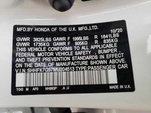 SHHFK7G97MU204513 - 2021 HONDA CIVIC SPORT TOURING WHITE photo 12