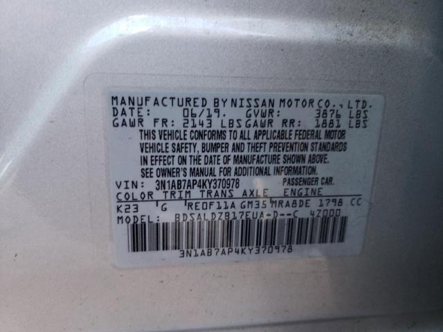 3N1AB7AP4KY370978 - 2019 NISSAN SENTRA S SILVER photo 12