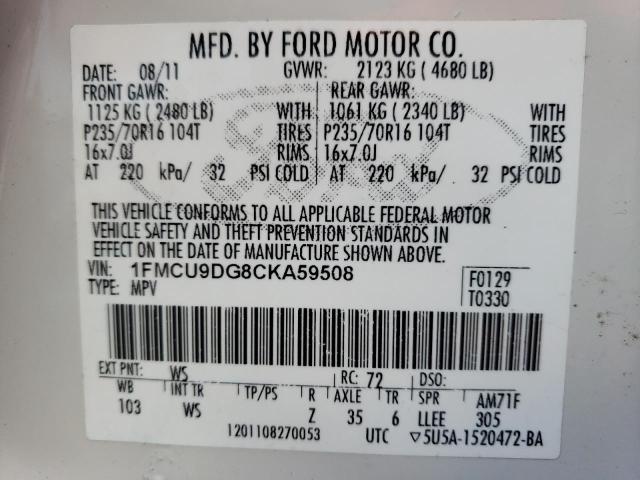 1FMCU9DG8CKA59508 - 2012 FORD ESCAPE XLT WHITE photo 13