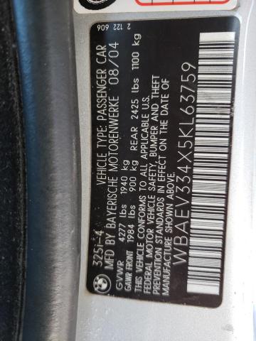 WBAEV334X5KL63759 - 2005 BMW 3 SERIES I ვერცხლისფერი ფოტო 12
