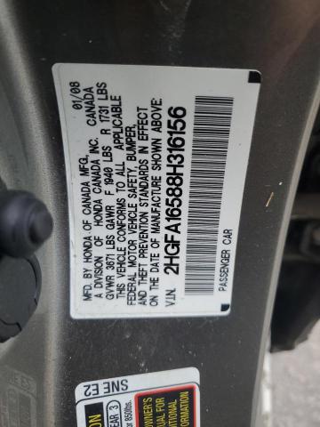 2HGFA16588H316156 - 2008 HONDA CIVIC LX GRAY photo 12