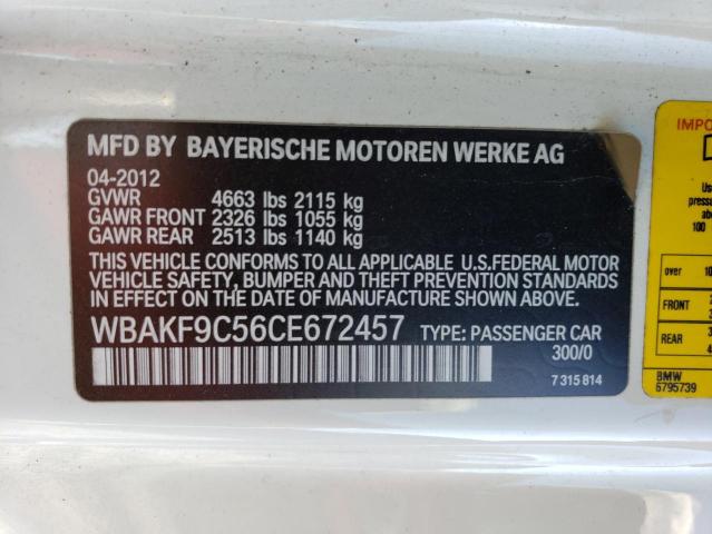 WBAKF9C56CE672457 - 2012 BMW 335 XI WHITE photo 12