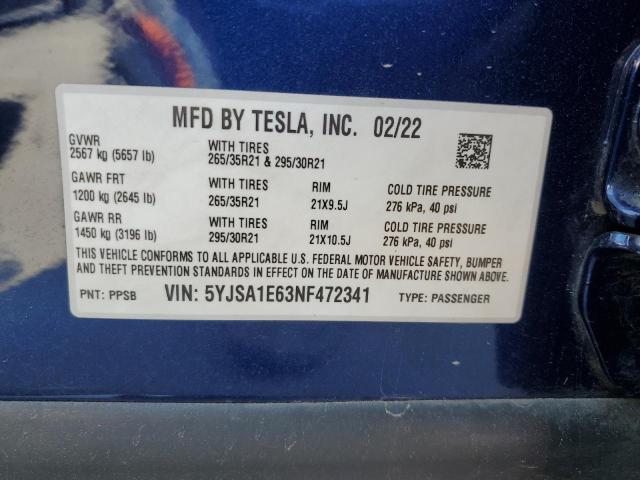 5YJSA1E63NF472341 - 2022 TESLA MODEL S BLUE photo 13