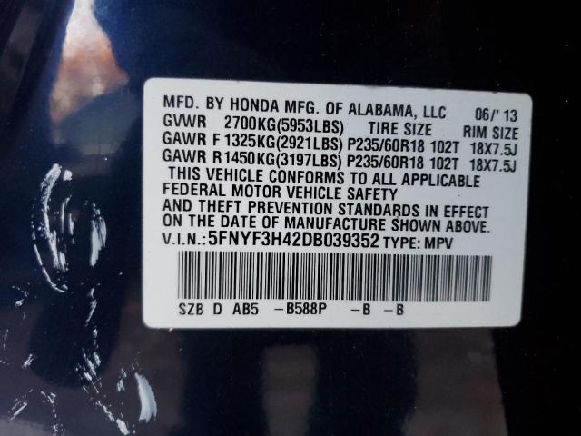 5FNYF3H42DB039352 - 2013 HONDA PILOT EX BLUE photo 13