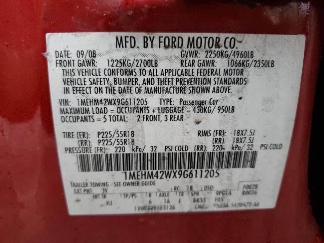 1MEHM42WX9G611205 - 2009 MERCURY SABLE PREMIER RED photo 12