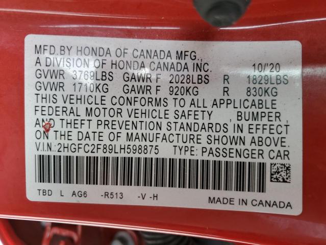 2HGFC2F89LH598875 - 2020 HONDA CIVIC SPORT 红色 照片 12