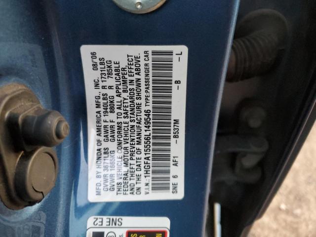 1HGFA15556L149546 - 2006 HONDA CIVIC LX BLUE photo 12