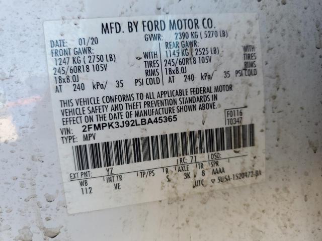 2FMPK3J92LBA45365 - 2020 FORD EDGE SEL WHITE photo 12