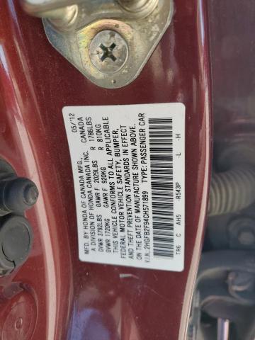 2HGFB2F94CH571899 - 2012 HONDA CIVIC EXL ბურგუნდია ფოტო 12