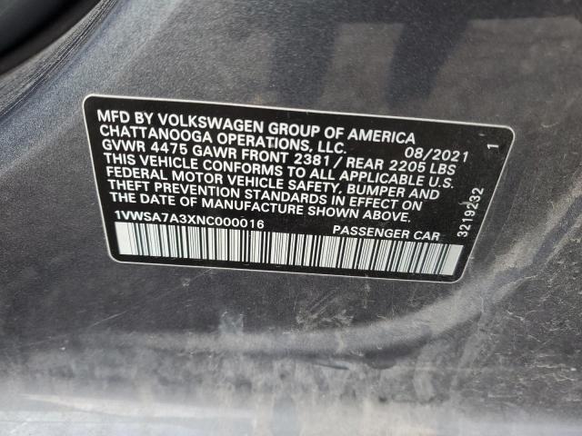 1VWSA7A3XNC000016 - 2022 VOLKSWAGEN PASSAT SE GRAY photo 12