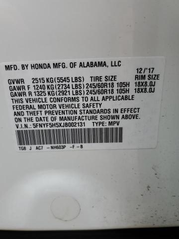 5FNYF5H5XJB002131 - 2018 HONDA PILOT EXL WHITE photo 14