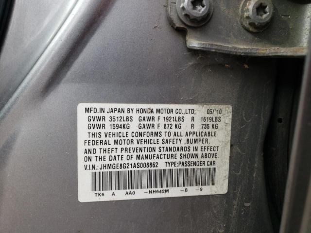 JHMGE8G21AS008862 - 2010 HONDA FIT GRAY photo 12